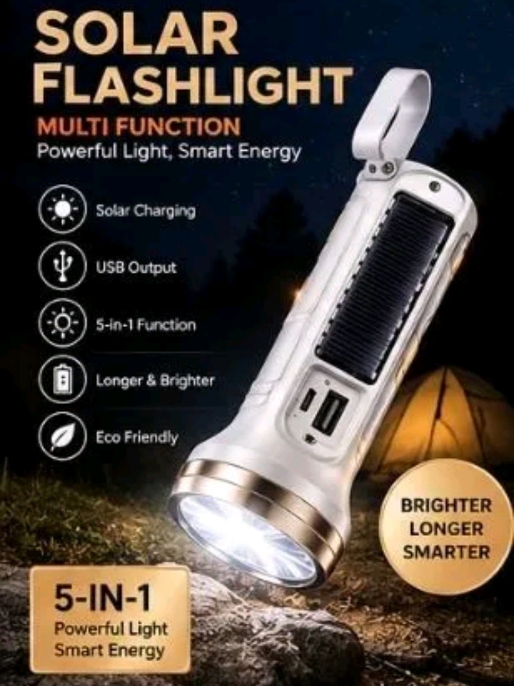 Solar Rechargeable Flashlight with USB Output - PowerBank
